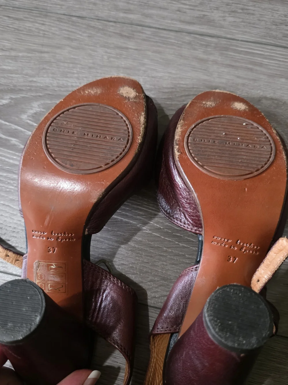 Chie Mihara Burgundy and Black Leather Buckle Heels